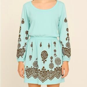 Vintage Jane Colby 2-Piece Dress Set – Aqua Blue with Brown Floral Print